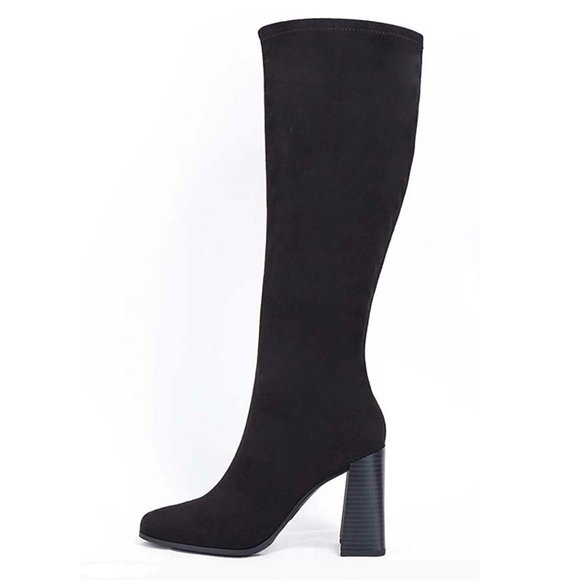 Black Microsuede Block Heel Knee High Boots - Picture 2 of 6